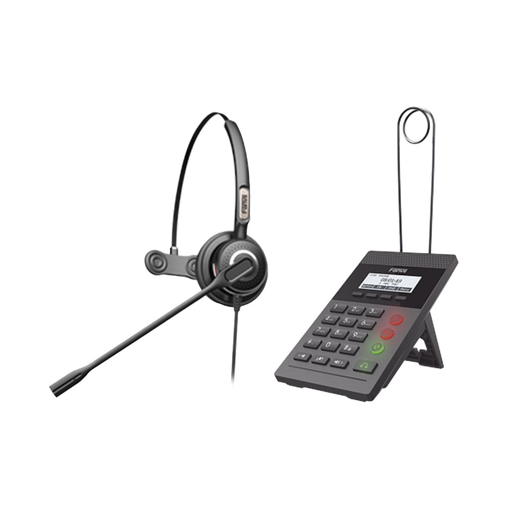 Kit Fanvil para Call Center incluye teléfono IP X2CP Y diadema HT201 y fuente de alimentación.