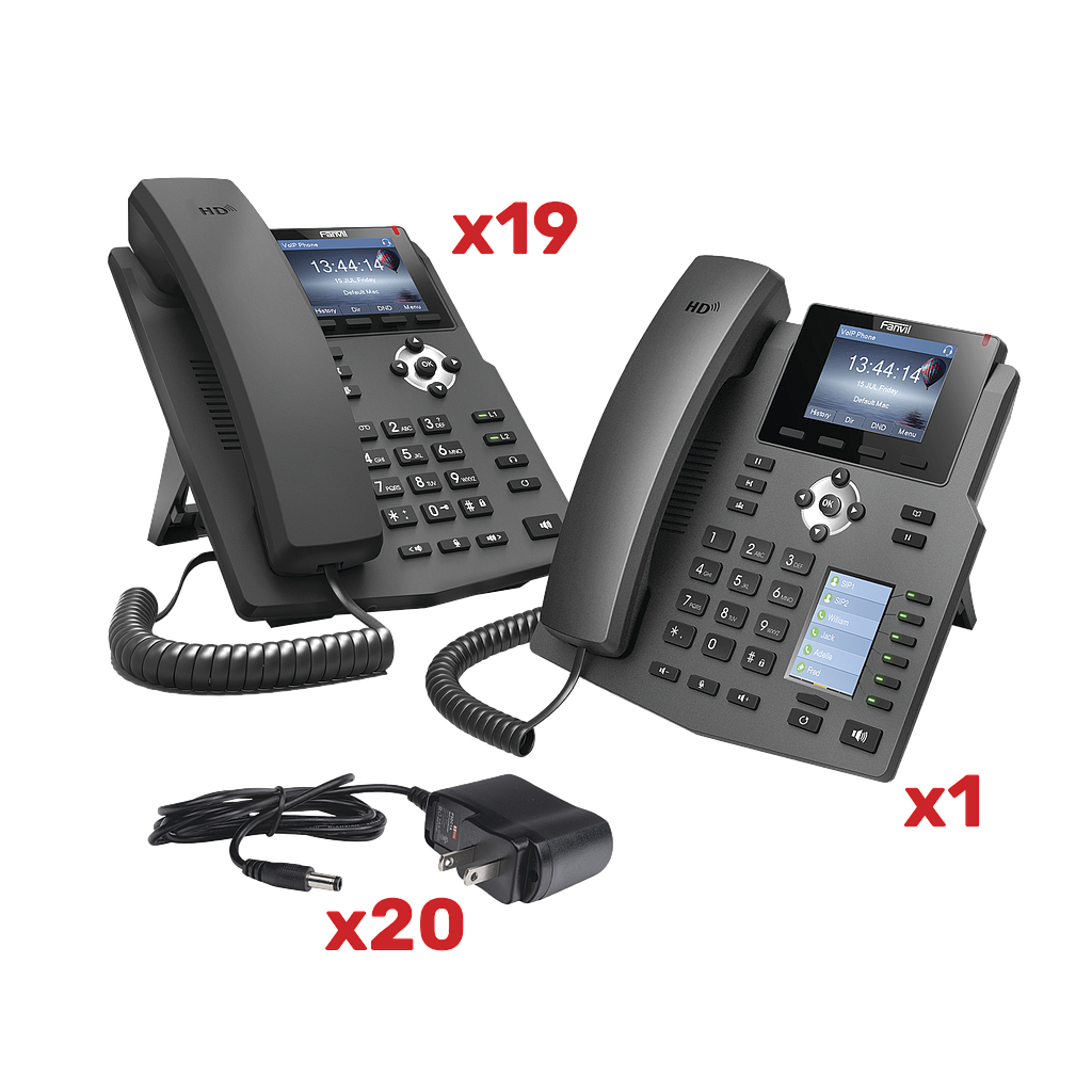 Kit de teléfonos con pantalla a color para empresa SMB, incluye 19 teléfonos X3G (sencillo) + 1 teléfono X4 (recepción), incluyen fuente de alimentación y son PoE