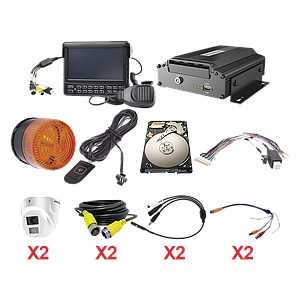 Kit integral para soluciones de videovigilancia móvil. Incluye MDVR modelo XMR401AHDS/V2, sistema para audio de dos vías. estrobo, modulo de alarmas, botón de pánico, 2 cámaras AHD de 2MP