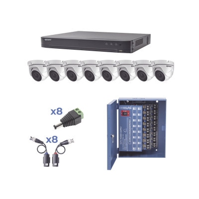 KIT TurboHD 1080p / DVR 8 Canales / 8 Cámaras Eyeball (exterior 2.8 mm) / Transceptores / Conectores / Fuente de Poder Profesional hasta 15 Vcd para Larga Distancia