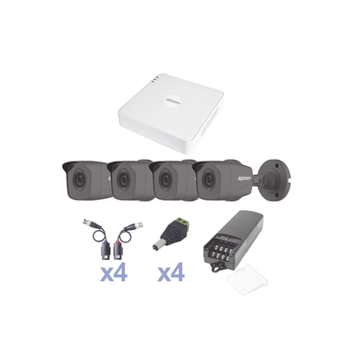 KIT TurboHD 720p / DVR 4 Canales / 4 Cámaras Bala (exterior 2.8 mm) / Transceptores / Conectores / Fuente de Poder Profesional