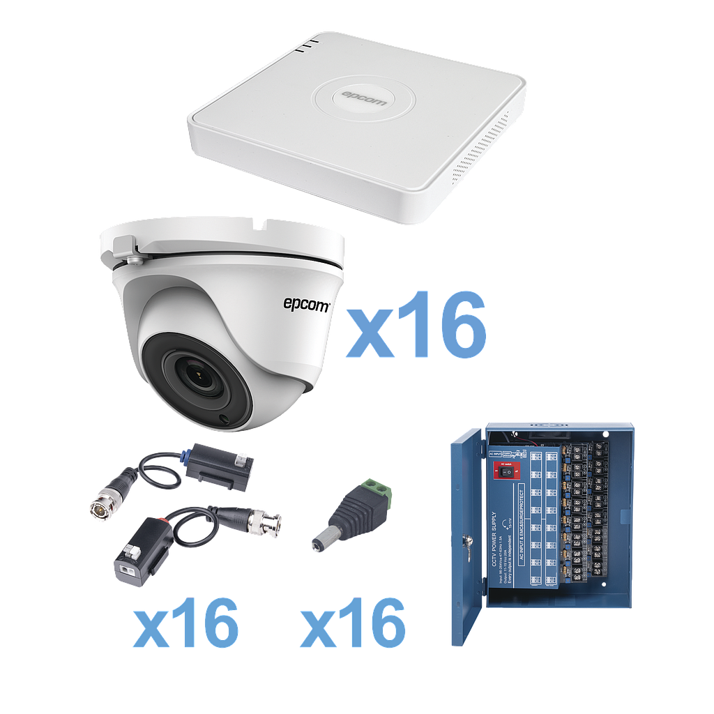KIT TurboHD 720p / Incluye DVR 16ch / 16 cámaras domo 2.8mm / Transceptores / Conectores / Fuente de poder profesional Heavy Duty 20A, Hasta 15Vcd para Larga Distancia.