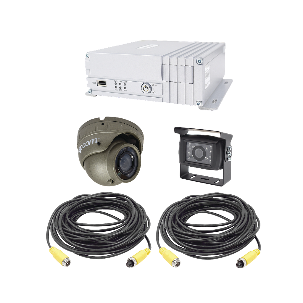Sistema de videovigilancia móvil AHD todo en uno, incluye MDVR de 4 canales análogo AHD que soporta almacenamiento en Disco duro , 1 cámara domo para interior con micrófono integrado, 1 tipo turrent AHD para exterior