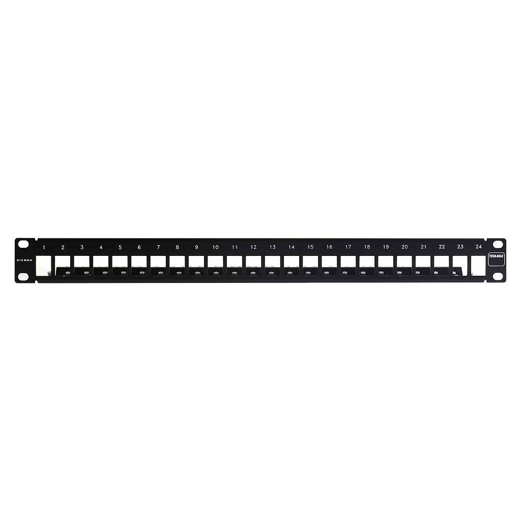 Patch Panel TERA-MAX Blindado de 24 Puertos, Modular, Plano, Color Negro, 1UR