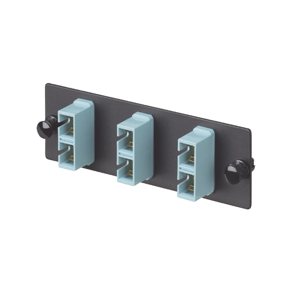 Placa Acopladora de Fibra Optica FAP, Con 3 Conectores SC Duplex (6 Fibras), Para Fibra Multimodo OM3/OM4, Color Aqua