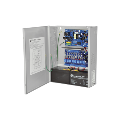 Fuente para aplicaciones en control de acceso, y detección de incendio, con capacidad de respaldo para 12 y 24 Vcd @ 4 A , con 8 circuitos de control ( NO ) y 8 circuitos de control trigger voltaje de entrada de : 115 Vca.