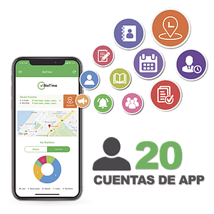 Licencia para realizar checadas de asistencia desde Smartphone (APP) con envío de fotografía y ubicación por GPS / Compatible con BIOTIMEPRO / Licencia para 20 usuarios