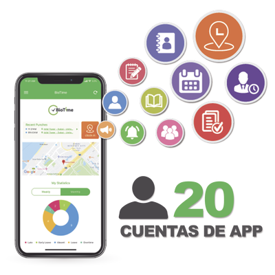 Licencia para realizar checadas de asistencia desde Smartphone (APP) con envío de fotografía y ubicación por GPS / Compatible con BIOTIMEPRO / Licencia para 20 usuarios