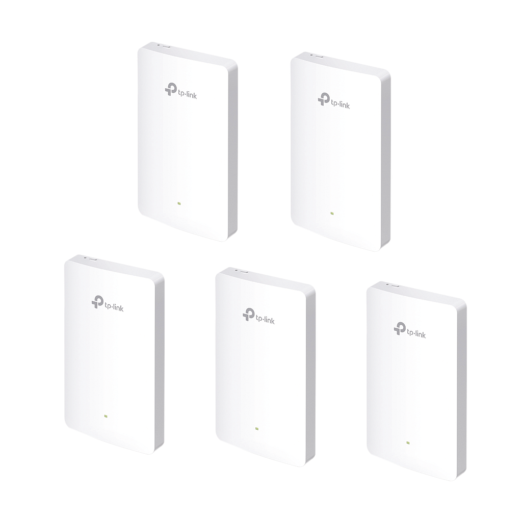 Kit de 5 Puntos de acceso Omada doble banda 802.11ac, PoE 802.3af/at, MU-MIMO, MIMO 2x2 diseño placa de pared con tres puertos adicionales, soporta hasta 100 clientes.