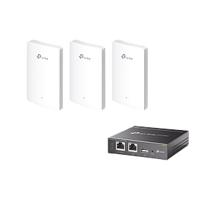Kit de 3 Puntos de acceso Omada, 1 Controlador, doble banda 802.11ac, PoE 802.3af/at, MU-MIMO, MIMO 2x2 diseño placa de pared con tres puertos adicionales, soporta hasta 100 clientes.