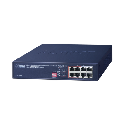 Switch no administrable PoE de 8 puertos 10/100/1000 Mbps con 4 puertos PoE 802.3af/at extended a 250mts
