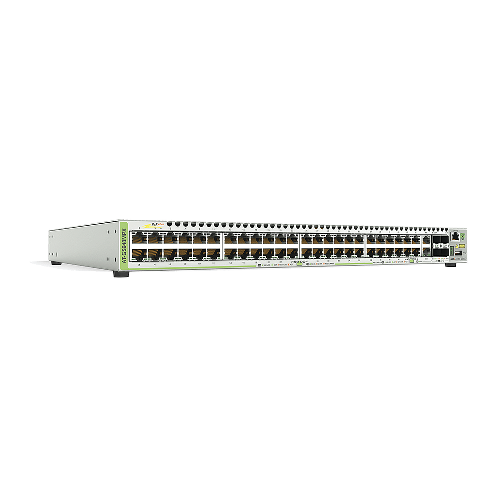 Switch PoE+ Stackeable Capa 3, 48 puertos 10/100/1000 Mbps + 2 puertos SFP Combo + 2 puertos SFP+ 10 G Stacking, 370 W