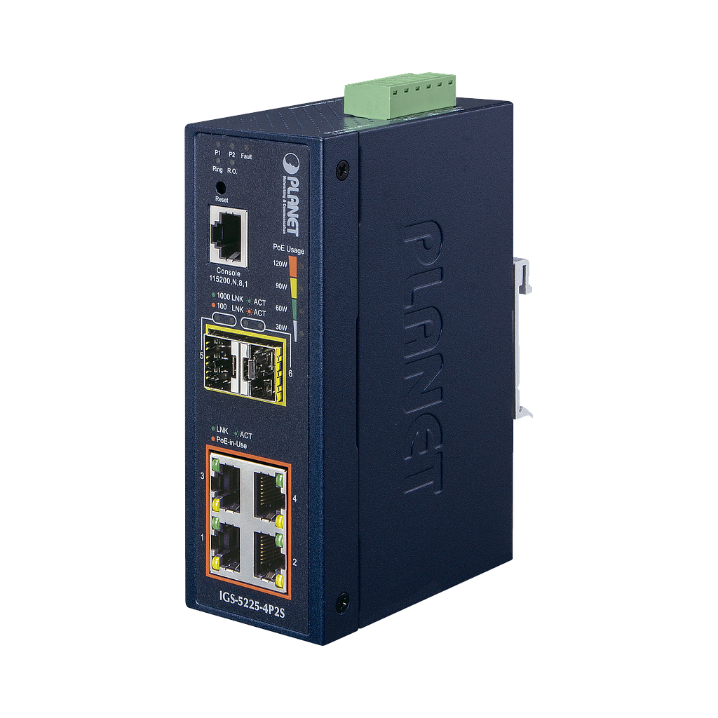 Switch Administrable industrial L2+ de 4 puertos 10/100/1000T C/PoE 802.3at + 2 puertos SFP 100/1000X