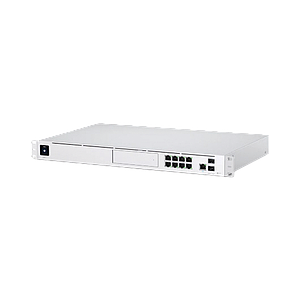UniFi Dream Machine Pro, de 1 UR con un puerto 10G SFP+ WAN, 8 puertos 10/100/1000 Mbps RJ-45 LAN, y una bahía de HDD 3.5", integra todos los controladores UniFi