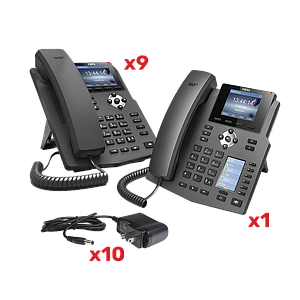 Kit de teléfonos con pantalla a color para empresa SMB, incluye 9 teléfonos X3G (sencillo) + 1 teléfono X4 (recepción), incluyen fuente de alimentación y son PoE
