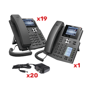 Kit de teléfonos con pantalla a color para empresa SMB, incluye 19 teléfonos X3G (sencillo) + 1 teléfono X4 (recepción), incluyen fuente de alimentación y son PoE