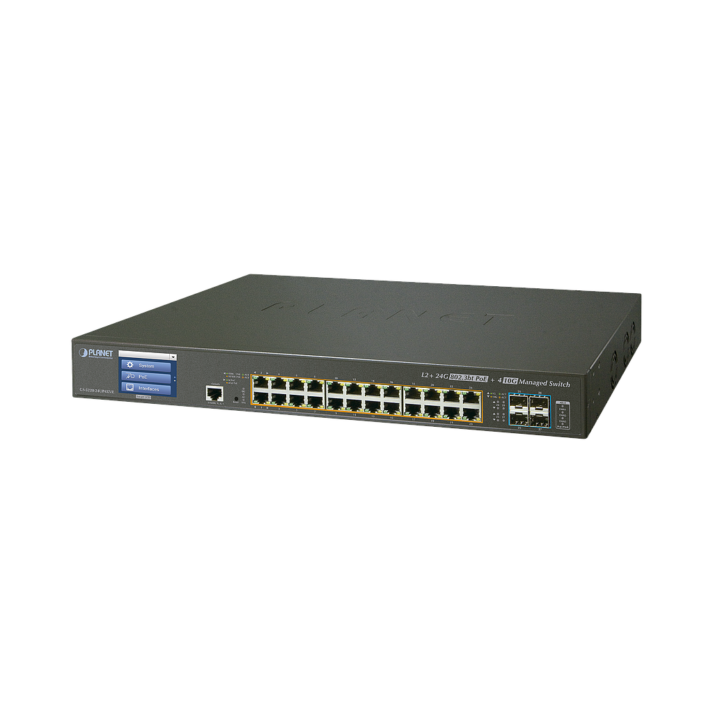 Switch Administrable L2+, 24 puertos Gigabit PoE 802.3bt, 4 puertos 10G SFP+,Pantalla táctil, (400W)