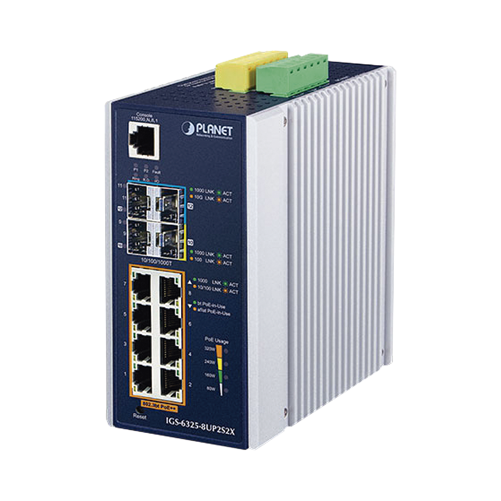 Switch Industrial Administrable L3 de 8 puertos Gigabit PoE 802.3bt + 2 puertos SFP, 2 puertos SFP+ (360W)