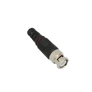 Conector BNC para cable coaxial RG59/RG6 con base plástica negra y roja