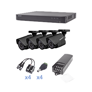 KIT TurboHD 1080p / DVR 4 Canales / 4 Cámaras Bala (exterior 2.8 mm) / Transceptores / Conectores / Fuente de Poder Profesional