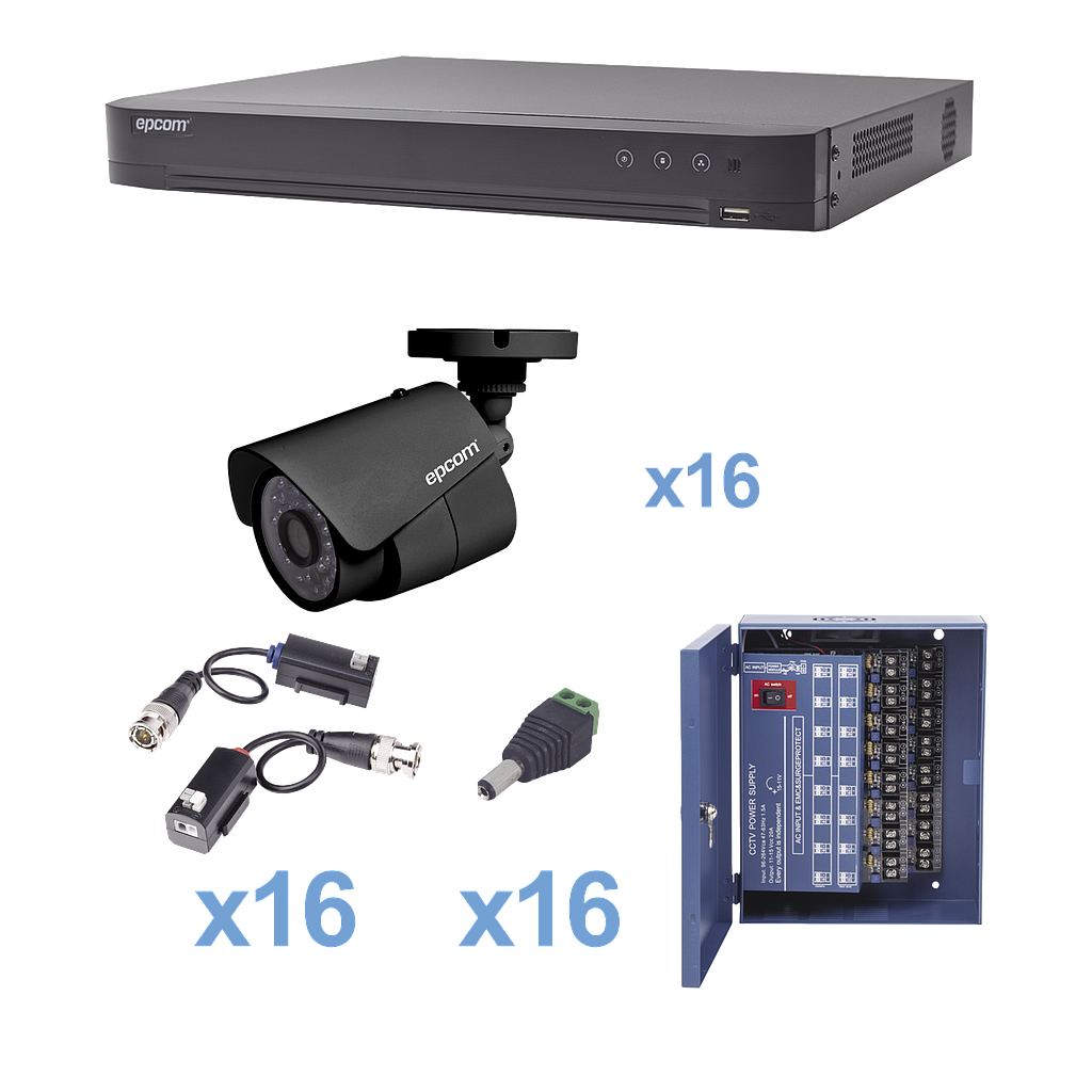 KIT TurboHD 1080p / DVR 16 Canales / 16 Cámaras Bala (exterior 2.8 mm) / Transceptores / Conectores / Fuente de Poder Profesional