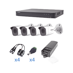 KIT TurboHD 1080p / DVR 4 Canales / 4 Cámaras Bala (exterior 2.8 mm) / Transceptores / Conectores / Fuente de Poder Profesional