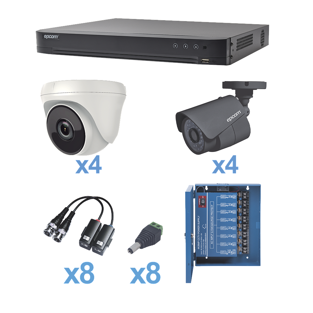 KIT TurboHD 1080p / DVR 8 Canales / 4 Cámaras Bala (exterior 2.8 mm) / 4 Cámaras Domos (interior 2.8 mm) / Transceptores / Conectores / Fuente de Poder Profesional hasta 15 Vcd para Larga Distancia