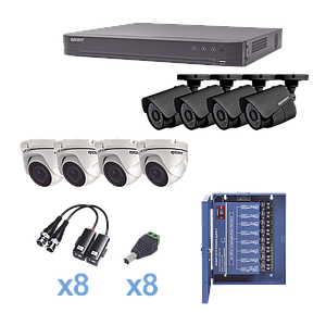 KIT TurboHD 1080p / DVR 8 Canales / 4 Cámaras Bala (exterior 2.8 mm) / 4 Cámaras Eyeball (exterior 2.8 mm) / Transceptores / Conectores / Fuente de Poder Profesional hasta 15 Vcd para Largas Distancias