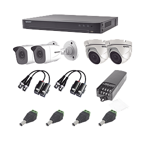 KIT TurboHD 1080p / DVR 4 Canales / 2 Cámaras Bala (exterior 2.8 mm)  / 2 Cámaras Eyeball (exterior 2.8 mm) / Transceptores / Conectores / Fuente de Poder Profesional