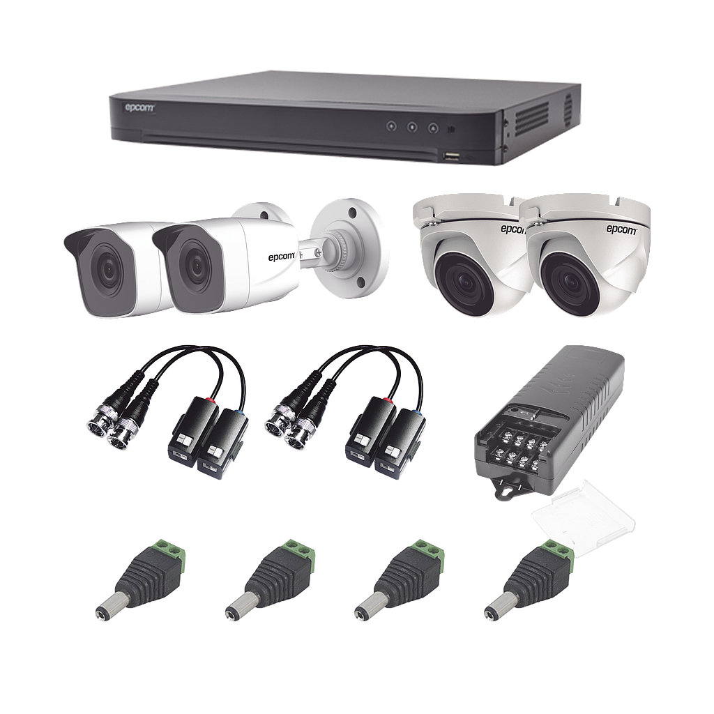 KIT TurboHD 1080p / DVR 4 Canales / 2 Cámaras Bala (exterior 2.8 mm)  / 2 Cámaras Eyeball (exterior 2.8 mm) / Transceptores / Conectores / Fuente de Poder Profesional