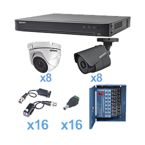 KIT TurboHD 1080p / DVR 16 Canales / 8 Cámaras Bala (exterior 2.8 mm) / 8 Cámaras Eyeball (exterior 2.8 mm) / Transceptores / Conectores / Fuente de Poder Profesional