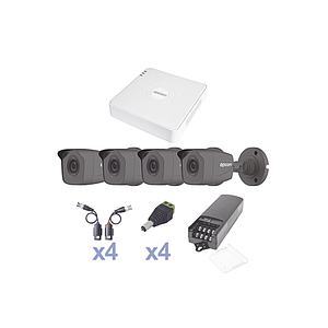 KIT TurboHD 720p / DVR 4 Canales / 4 Cámaras Bala (exterior 2.8 mm) / Transceptores / Conectores / Fuente de Poder Profesional