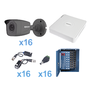 KIT TurboHD 720p / Incluye DVR 16 Ch / 16 cámaras balas (interior - exterior 3.6 mm) / Transceptores / Conectores / Fuente de poder profesional
