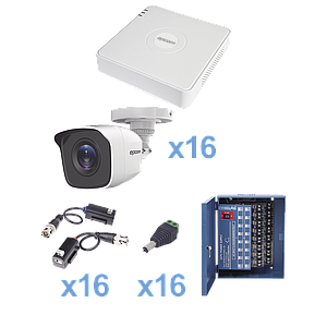 KIT TurboHD 720p / Incluye DVR 16 Ch / 16 cámaras balas (interior - exterior 3.6 mm) / Transceptores / Conectores / Fuente de poder profesional Heavy Duty 20A, Hasta 15Vcd para Larga Distancia