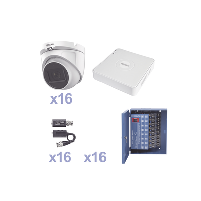 KIT TurboHD 720p / DVR 16 Canales / 16 Cámaras Eyeball (interior 3.6mm) / Transceptores / Conectores / Fuente de Poder Profesional