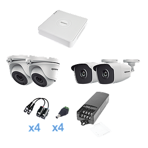 KIT TurboHD 720p / DVR 4 Canales / 2 Cámaras Bala (exterior 2.8 mm) / 2 Cámaras Eyeball (exterior 2.8 mm) / Transceptores / Conectores / Fuente de Poder Profesional