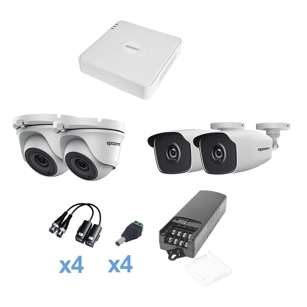 KIT TurboHD 720p / DVR 4 Canales / 2 Cámaras Bala (exterior 2.8 mm) / 2 Cámaras Eyeball (exterior 2.8 mm) / Transceptores / Conectores / Fuente de Poder Profesional