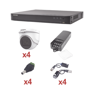 KIT TurboHD 1080p / DVR 4 Canales / 4 Cámaras Domo (interior 2.8 mm) / Transceptores / Conectores / Fuente de Poder Profesional