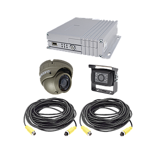 Sistema de videovigilancia móvil AHD todo en uno, incluye MDVR de 4 canales análogos AHD que soporta almacenamiento en memoria SD,  1 cámara domo para interior con micrófono integrado, 1 cámara tipo turrent AHD para exte
