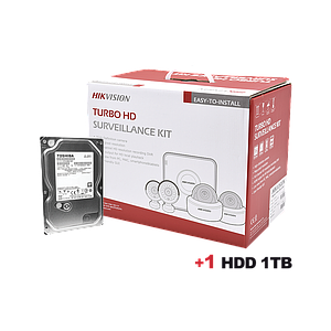 KIT TurboHD 1080p + Disco duro 1 TB / Hik-Connect / DVR 4 Canales / 4 Cámaras Bala / Cables / Fuente de Poder Profesional