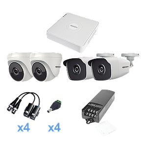 KIT TurboHD 720p / DVR 4 Canales / 2 Cámaras Bala (exterior 2.8 mm) / 2 Cámaras Eyeball (interior 2.8 mm) / Transceptores / Conectores / Fuente de Poder Profesional