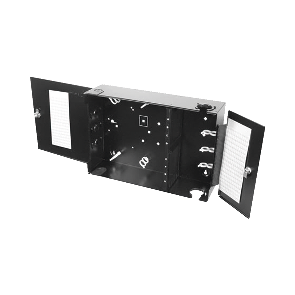 Caja de conexión de fibra óptica, para montaje en pared, hasta 192 puertos LC o SC ( Acepta 8 placas Acopladoras), color negro