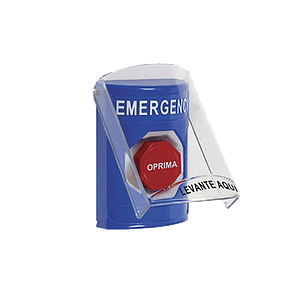 Botón de Emergencia en Español con Tapa Protectora de Policarbonato Súper Resistente, Restablecimiento con Llave y Sirena