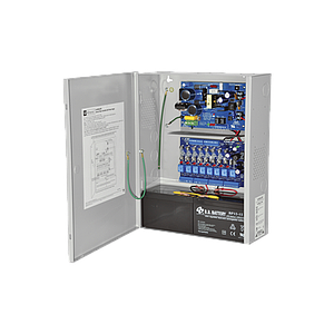 Fuente para aplicaciones en control de acceso, y detección de incendio, con capacidad de respaldo para 12 y 24 Vcd @ 4 A , con 8 circuitos de control ( NO ) y 8 circuitos de control trigger voltaje de entrada de : 115 Vca.