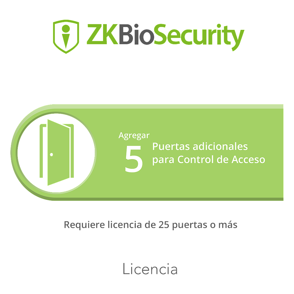 Licencia para ZKBiosecurity permite agregar 5 puertas adicionales (requiere licencia de 25 puertas o mas)