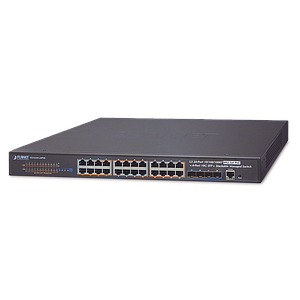 Switch Administrable L3 Stacking 10/100/1000T 24 puertos PoE802.3at, 4 puertos 10G SFP+ 370 W