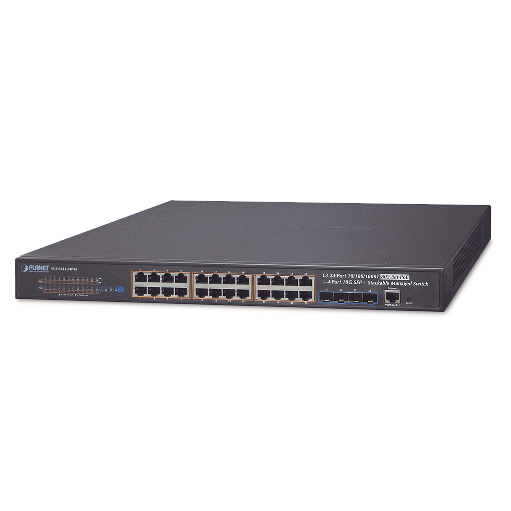 Switch Administrable L3 Stacking 10/100/1000T 24 puertos PoE802.3at, 4 puertos 10G SFP+ 370 W