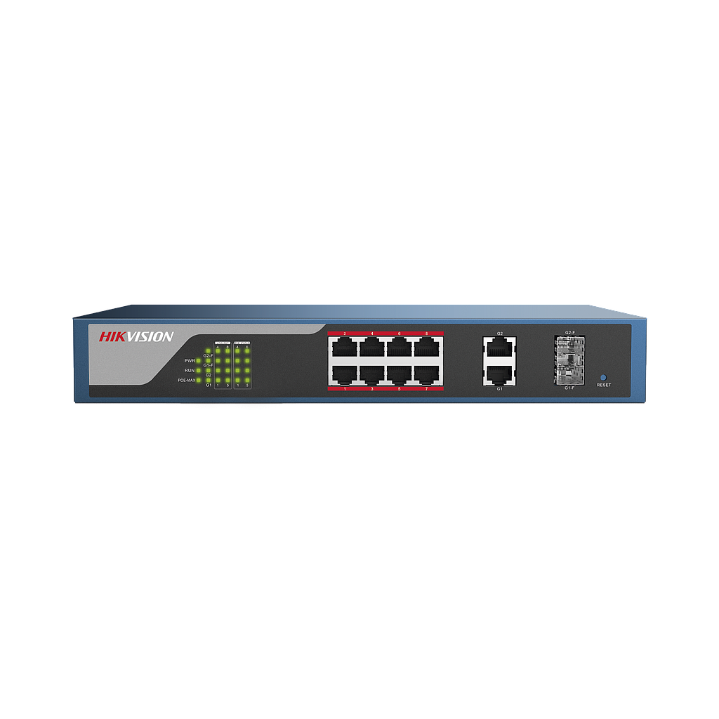 Switch PoE 250 Metros LARGA DISTANCIA / Configuración vía WEB / 8 Puertos PoE 802.3 at (30 W) 10/100 Mbps + 2 puertos Gigabit + 2 puertos SFP